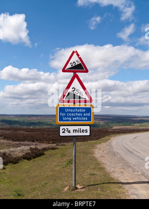 Verkehrszeichen, Warnschild steile Hügel, North York Moors, Yorkshire UK Stockfoto