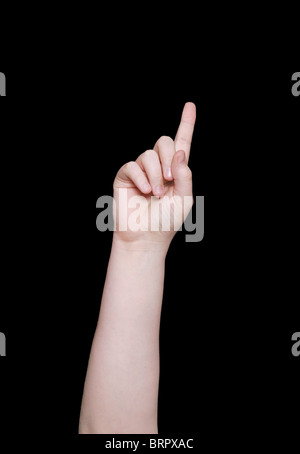 die Nummer eins in Gebärdensprache auf schwarzem Hintergrund Stockfoto