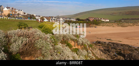 Großbritannien, England, Devon, Woolacombe Sands Beach am Spätnachmittag Licht, Panorama Stockfoto