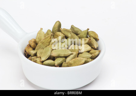 Kardamom (Elettaria Cardamomum) Samen in einem weißen Löffel auf weißem Hintergrund Stockfoto