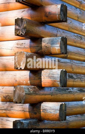 Die Ecke von einem Blockhaus, gemacht aus Holzbalken, ein beliebter Baustil im ländlichen Amerika. Stockfoto