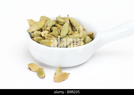 Kardamom (Elettaria Cardamomum) Samen in einem weißen Löffel auf weißem Hintergrund Stockfoto