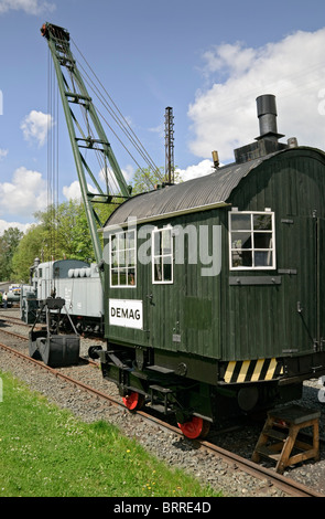 Ein einzigartiges Beispiel eines DEMAG-Dampf-Krans aus gesehen im deutschen Steam Lokomotive Museum, Neuenmarkt, Deutschland 1927. Stockfoto