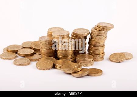 Ein Stapel von einem englischen Pfund-Münzen Stockfoto