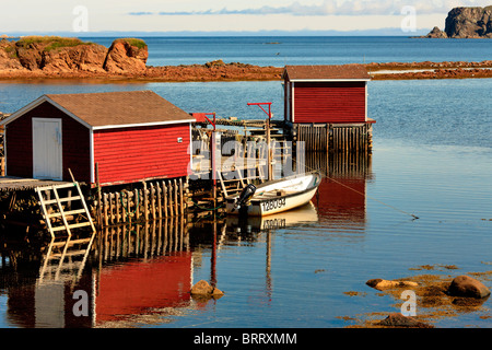 Angeln-Bühnen und gestrichenen Häusern am Durrell, in der Nähe von Twillingate, Neufundland, Kanada. Stockfoto