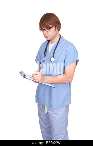 ein Mann Arzt Kerl in blau scheuert auf weiß Stockfoto