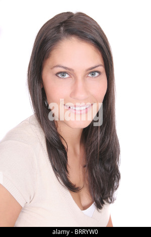 eine junge weibliche Brünette Closeup Portrait über weiß Stockfoto
