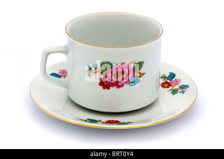 Floral Teetasse und Untertasse auf weißem Hintergrund Stockfoto