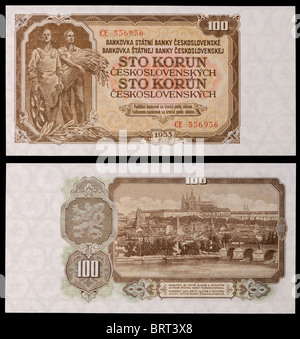 Tschechoslowakische Banknote aus dem Jahr 1953. Sto Korun / hundert Kronen. Landarbeiter und Aussicht auf Prag Stockfoto