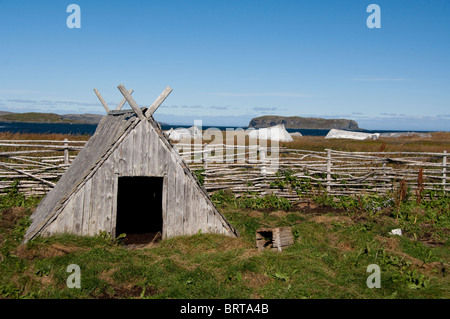 Kanada, Neufundland und Labrador, l ' Anse Aux Meadows. Norstead Wikingerdorf, Nachbildung des Vieh Stifte. Stockfoto