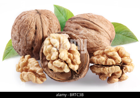 Walnüsse mit Blatt isoliert auf einem weißen Hintergrund. Stockfoto