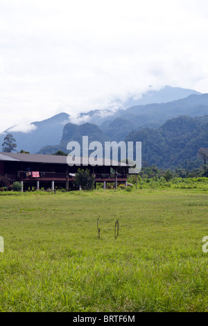 Ein Blick auf ein Penan Langhaus ist in einem Dorf in der Nähe von Mulu Nationalpark in Borneo, Malaysia gesehen. Stockfoto