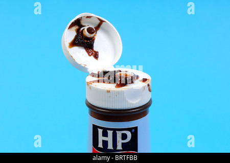 HP Sauce, Flasche geöffnet. Stockfoto