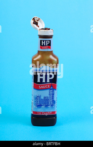 HP Sauce, Flasche geöffnet. Stockfoto