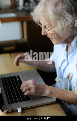 Ältere Dame mit Laptop-Computer und lernen über die Technologie Stockfoto