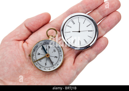 Kompass und Uhr hautnah Stockfoto
