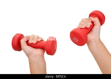 Hand mit Rot Hantel Nähe erschossen Stockfoto