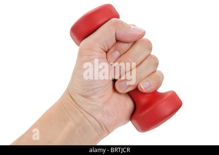 Hand, die eine rote Hantel Nähe erschossen Stockfoto