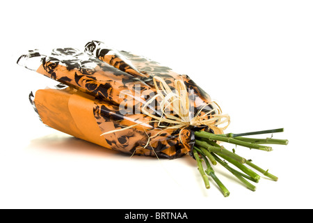 Schöner Blumenstrauß in Zellophan eingewickelt und mit einer Schleife isoliert auf weiss gebunden. Stockfoto