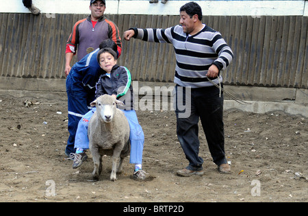 Szenen von Rodeo während der Feier in einer ländlichen Gemeinde südlich von Cochrane in Patagonien, Südchile. Stockfoto