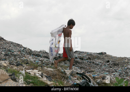 Kambodscha junge Aufräumvorgang für wiederverwertbare Abfälle auf Müllkippe von bedeuten Caeay, Phnom Penh. Foto: SEAN SPRAGUE Stockfoto