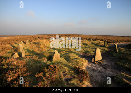 Die "Zwölf Apostel" Menhire auf Rombold Moor, Ilkley Moor, West Yorkshire, Großbritannien Stockfoto