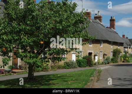 Malerische Reihe von strohgedeckten Hütten im Dorf Ashby St Ledger, Northamptonshire Stockfoto