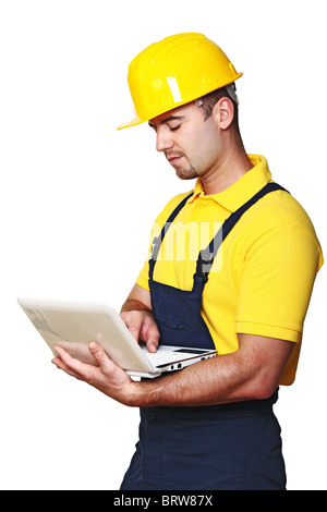 Handwerker mit Laptop isoliert auf weißem Hintergrund Stockfoto