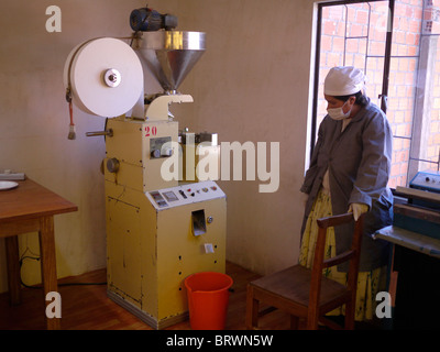 Bolivien-Fabrik in El Alto, wo Kräutertees in Teebeutel genommen und verpackt zur Marktreife. Stockfoto