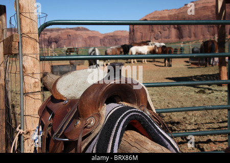 Westernsattel und Pferde bei John Ford Point im Monument Valley, Arizona und Utah, USA, 15. Juni 2010 Stockfoto