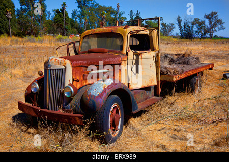 Alte rostige Tieflader im Feld, California Stockfoto