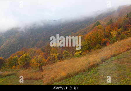 Hohe Betrachtungswinkel von Bewölkt Berg Hakkaisan im Herbst Stockfoto