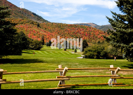 schöner Golfplatz am Rande des Waldes, im Herbst mit Herbstfarben in den Boden zurück genommen Stockfoto