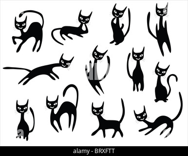 Katze-Karikaturen set, schwarze Katzen mit unterschiedlichen Körperhaltungen. Stockfoto