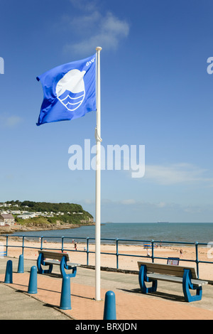 Blaue Flagge an der Strandpromenade mit Blick auf den Strand in Waliser Badeort. Benllech, Isle of Anglesey, North Wales, UK, Großbritannien Stockfoto