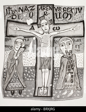 Kreuzigung von Jesus Christus. Nach einer Miniatur in ein 11. Jahrhundert Missale. Stockfoto