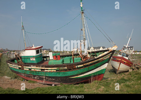 WRACK EINES BOOTES ANGESPÜLT AM UFER, ZEICHEN DER RÜCKGANG DER FISCHEREI, LE CROTOY, BAIE DE SOMME (80), FRANKREICH Stockfoto