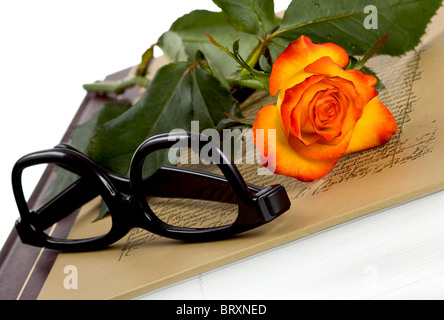 Rose und Brille auf dem Buch Stockfoto