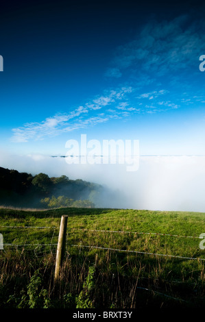 Neblige Sicht von Cotswold Weg bei Coaley Peak, England, Vereinigtes Königreich Stockfoto