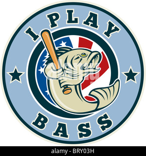 Illustration der cartoon Largemouth Bass spielen Baseball Schläger mit amerikanischen Stars und Stripes Flagge mit Worten "Ich Spiele Bass" Stockfoto