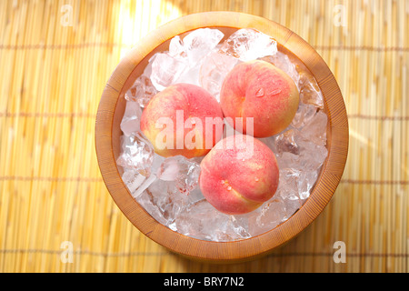 Pfirsiche in einen Eimer mit Eiswürfeln Präfektur Kanagawa Honshu Japan Stockfoto