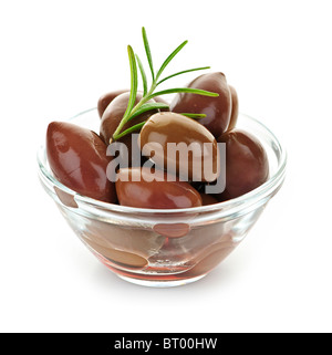 Kalamata Oliven in Olivenöl und Kräutern in Schüssel Stockfoto