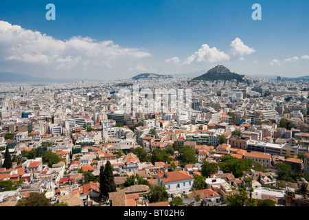 Gesehen von Akropolis, Griechenland Athen und Lykavitos Hügel. Stockfoto