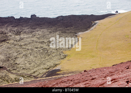 Heimaey, Westmännerinseln, Island, mit dem Vulkan, der die Stadt fast völlig zerstört Stockfoto