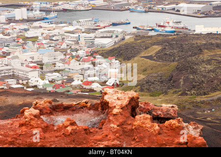 Heimaey Stadt Westmännerinseln, Island, Vulkan, der die Stadt fast völlig zerstört Stockfoto