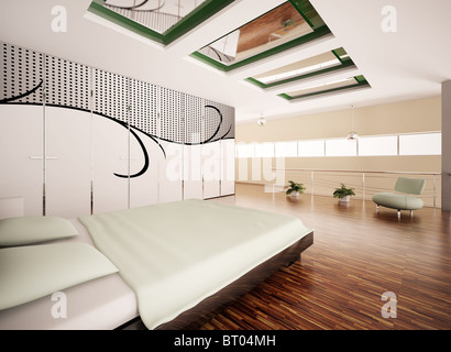 Modernes Schlafzimmer Innenraum mit großen Muster auf dem Schrank, 3D-Rendering Stockfoto