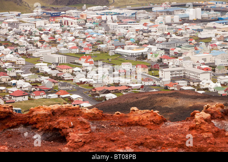 Heimaey Stadt Westmännerinseln, Island, Vulkan, der die Stadt fast völlig zerstört Stockfoto