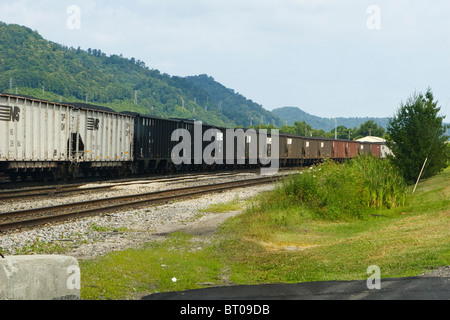 Eine Reihe von Norfolk Southern Kohlenwagen in Dickinson Schiene Hof in der Nähe von South Charleston, West Virginia an einem bewölkten, Sommer Tag. Stockfoto