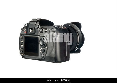 Überprüfen Sie die Ansicht einer DSLR-Kamera und Objektiv isoliert auf weiss. Stockfoto