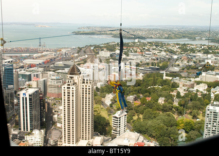 Bungee-Jumping Mann hängen über Auckland Stockfoto